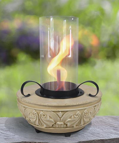 A plastic cup also rests in this chamber, holding a canister of solid gel fuel (not included) which, when lit, creates a smokeless and beautiful fire